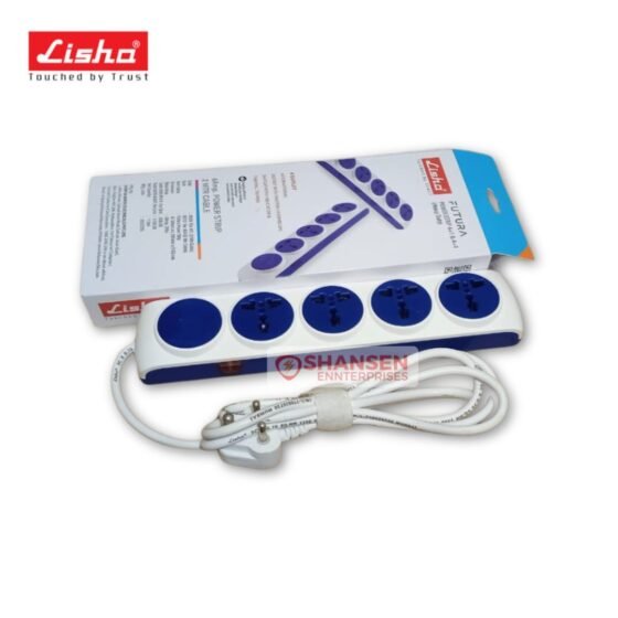 Lisha FUTURA 6A power strip with retail box, 4 international sockets, 2 m cable, indicator and resettable thermal tripper – Made in India