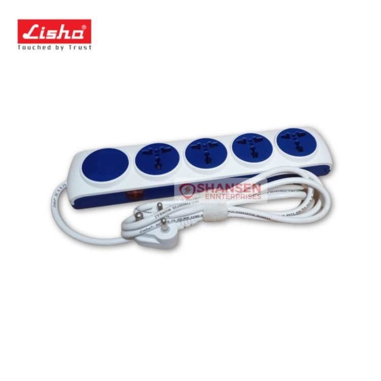 Lisha FUTURA 6A extension board, front view with 4 international sockets, power indicator and 2 m cable – Made in India