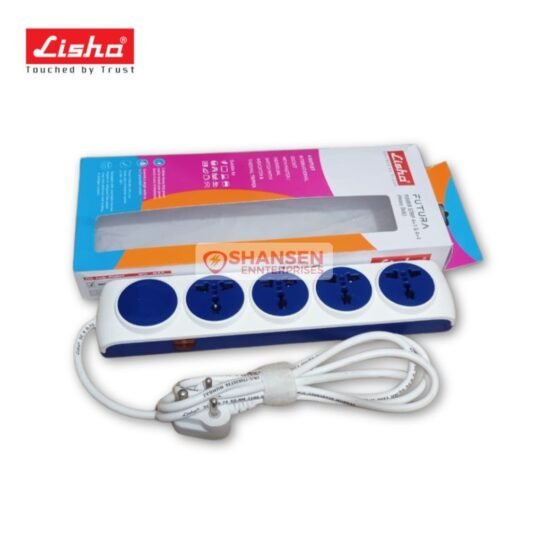 Lisha FUTURA 6A power strip with retail box, 4 international sockets, 2 m cable, indicator and resettable thermal tripper – Made in India