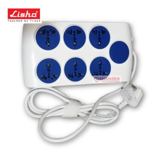Lisha FUTURA heavy-duty power strip with six international sockets, master and individual switches with indicator, 10A 240V rating, 2 m heavy-duty cord; Made in India