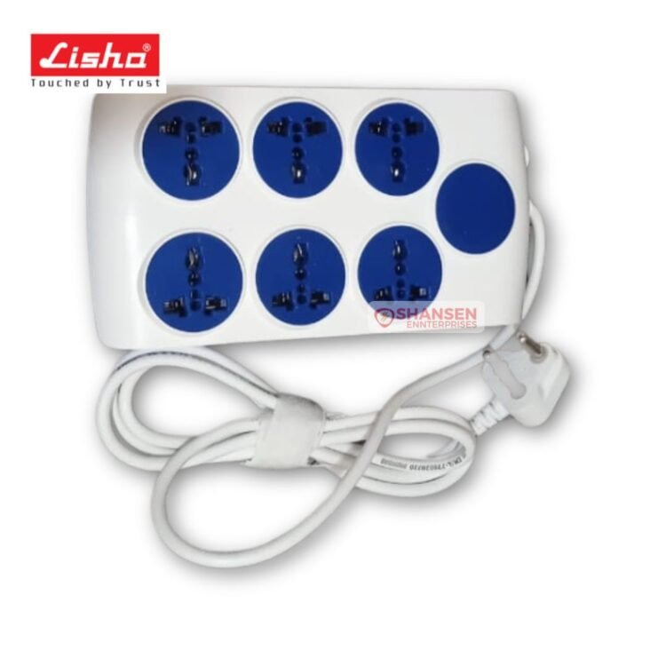 Lisha FUTURA heavy-duty power strip with six international sockets, master and individual switches with indicator, 10A 240V rating, 2 m heavy-duty cord; Made in India