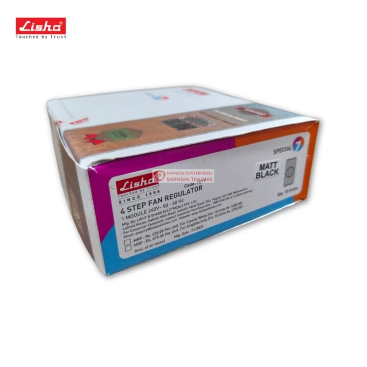 Lisha Special 7 Matt Black 4 Step Fan Regulator 1 Module 240V 50-60Hz with 3 Year Warranty