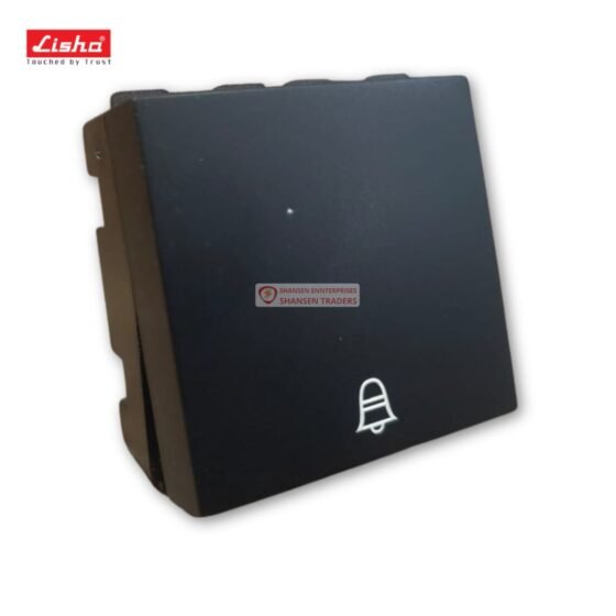 Lisha matt black big bell push 2-module switch with bell icon — 10A, 240V, durable plastic, made in India. Ideal for residential apartments, offices, schools, hospitality and small retail outlets