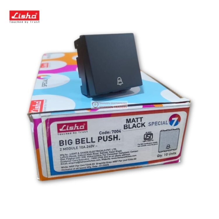 Lisha Matt Black Big Bell Push, 2 Module, 10A 240V, Special 7 Series. Durable plastic bell push switch in bulk pack of 10. Made in India