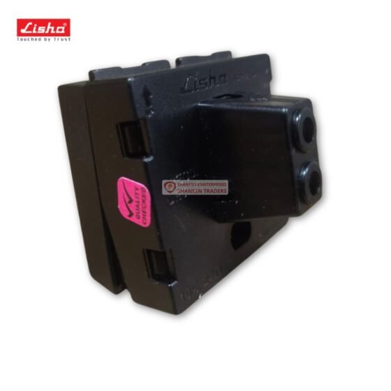 Back view of Lisha Matt Black Big Bell Push, 2 Module, 10A 240V — Special 7 Series. Durable plastic, quality checked, made in India