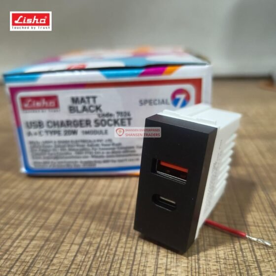 Close-up of Lisha Matt Black USB charger socket A+C 20W 1-module showing USB-A and USB-C ports