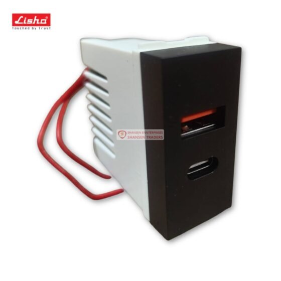 Angled product shot of Lisha USB charger socket on box, showing ports, box art and branding