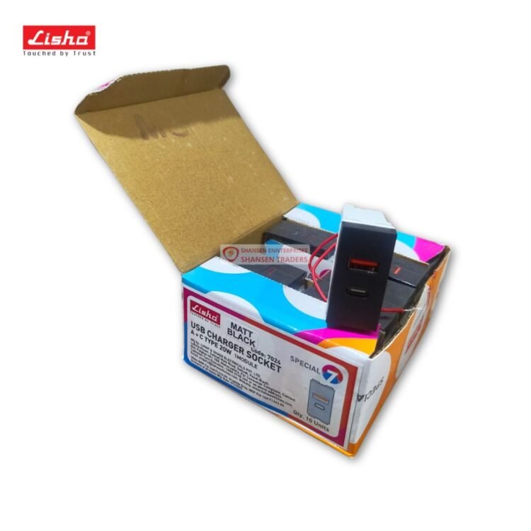 Lisha USB charger sockets in an open retail pack showing multiple units and packaging