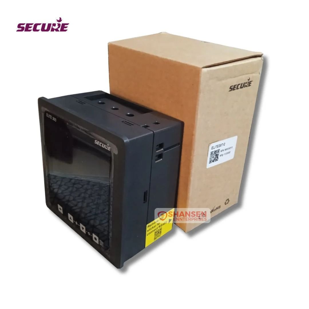 Secure Elite 300 multifunction panel meter angled front view beside OEM box, 96×96 mm LCD with navigation keys and Secure branding