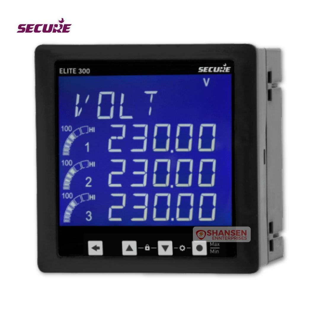 Secure Elite 300 LCD multifunction panel meter (30A/30B), 96×96 mm, showing three-phase voltage 230 V on screen