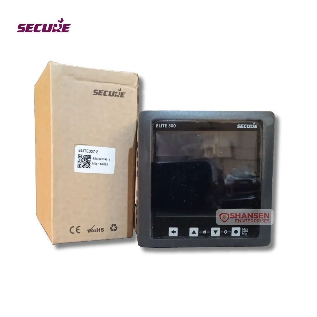 Secure Elite 300 multifunction panel meter with original box, 96×96 mm front view with navigation keys and Secure branding