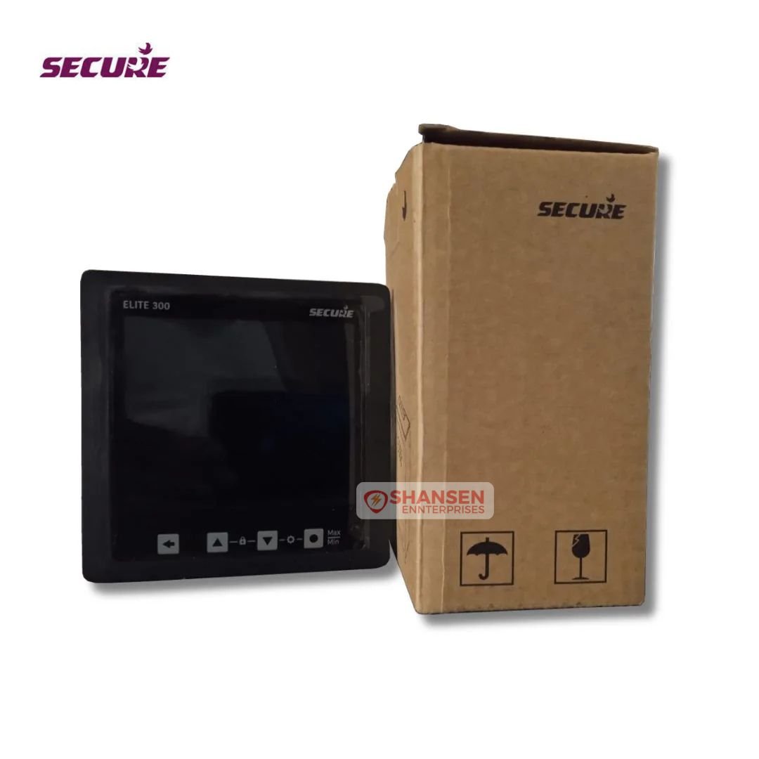 Secure Elite 300 multifunction panel meter with packaging box, 96×96 mm front view with navigation keys and Secure branding