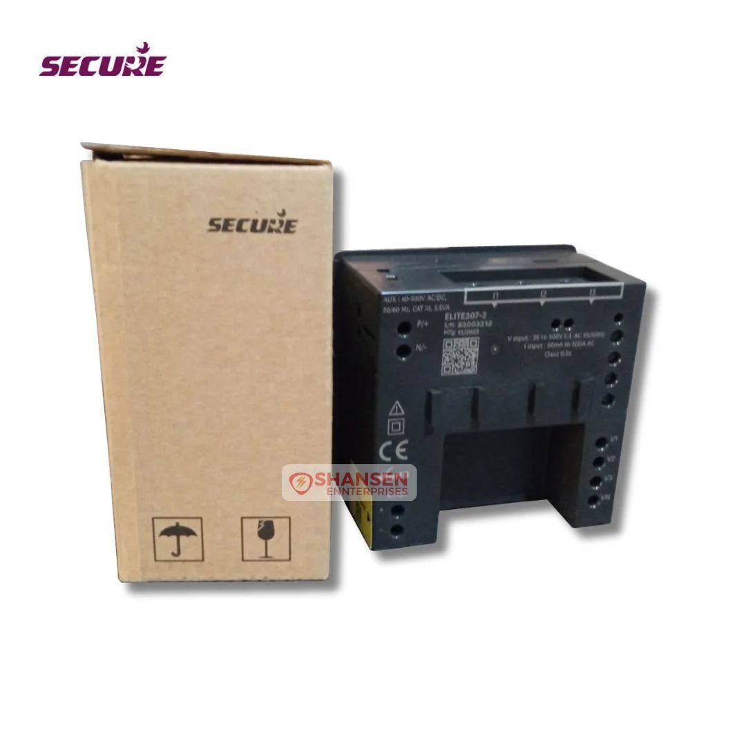 Secure Elite 300 multifunction panel meter rear view with packaging box, showing terminal layout, model label and CE marking