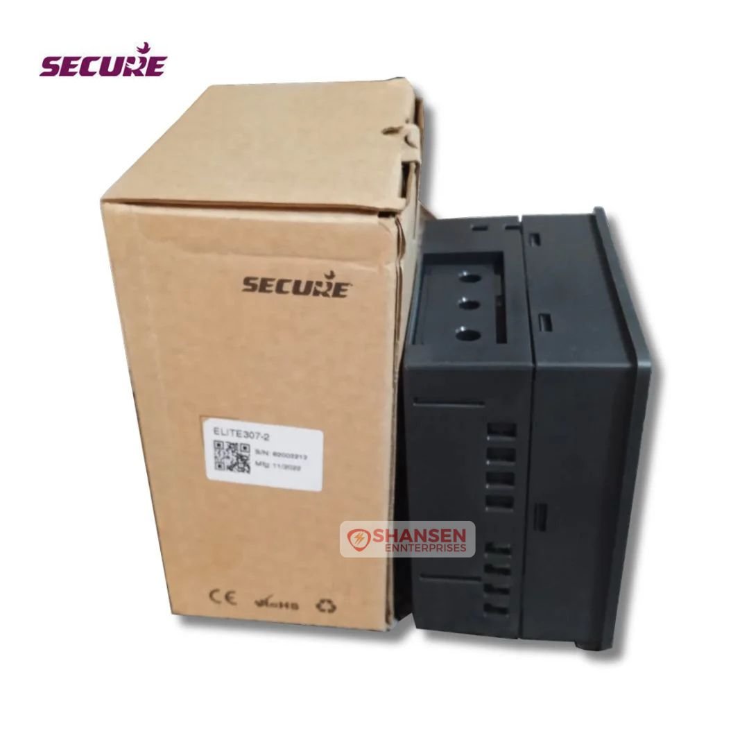 Secure Elite 300 multifunction panel meter side view with packaging box; 96×96 mm enclosure with rear terminal slots and Secure branding