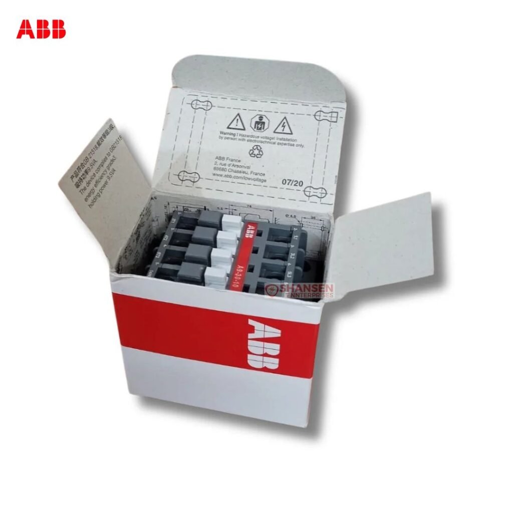 ABB A9-30-10 Contactor Unboxing View - Genuine ABB Packaging with 3-Pole 9A 4kW 220V Coil - Shansen Enterprises India