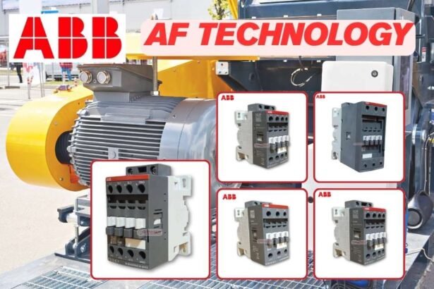 ABB AF Series contactors beside industrial motor — compact AF technology contactors for motor control and surge protection
