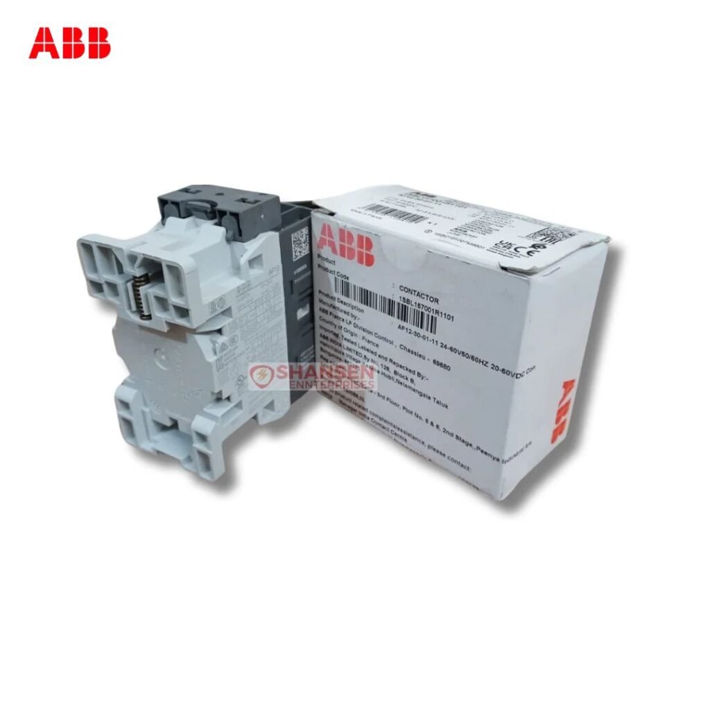 Back view of ABB AF12-30-01-11 contactor with original box — 24–60V AC/DC, 3-pole motor control device | Shansen Enterprises