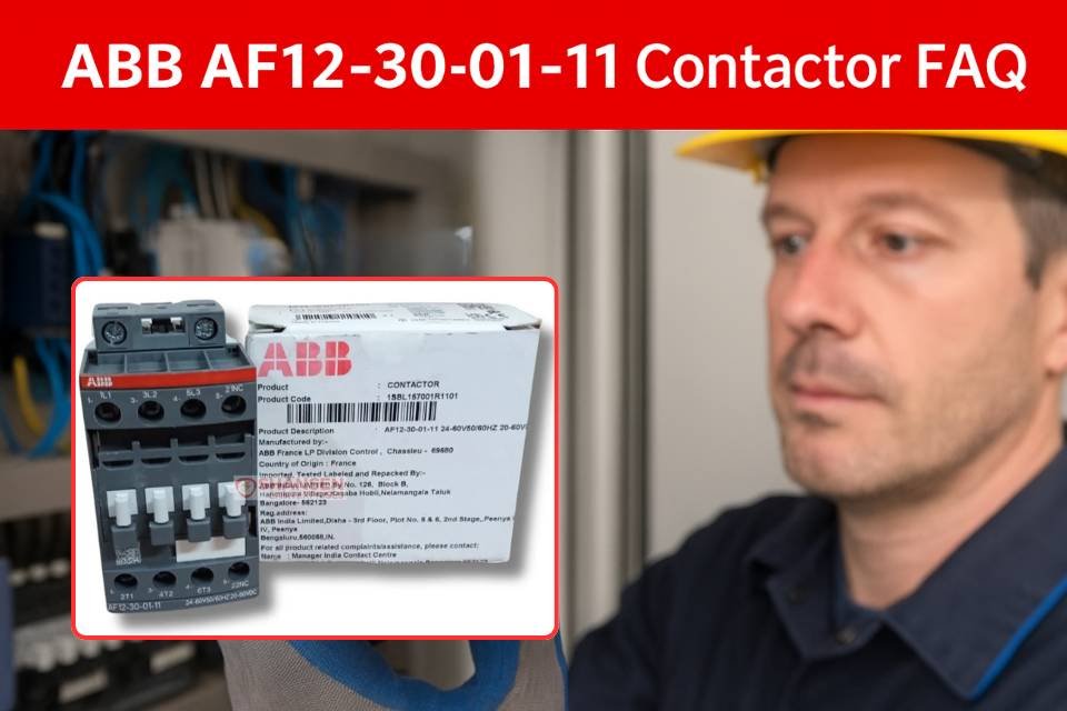 Banner: ABB AF12-30-01-11 Contactor FAQ — 3-pole 24–60V AC/DC contactor with original box, shown by electrician | Shansen Enterprises