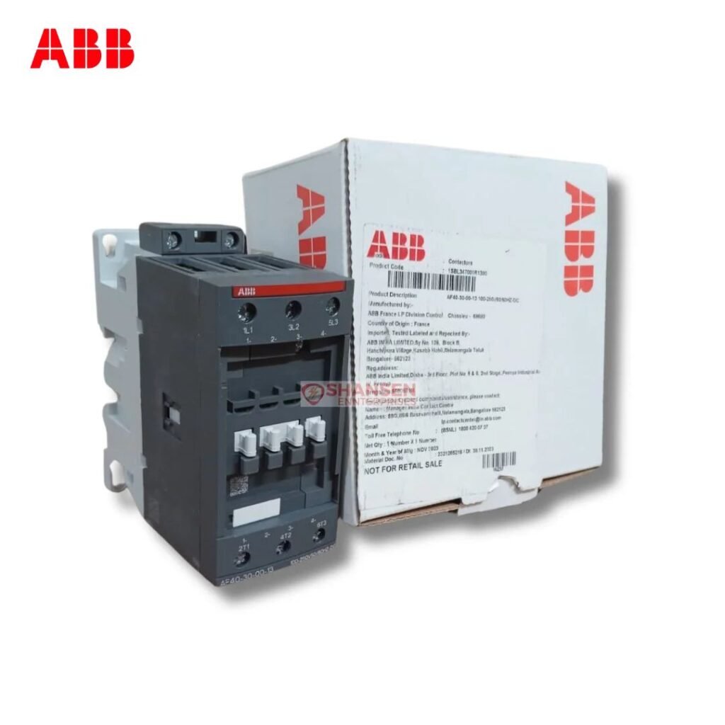 ABB AF40-30-00-13 contactor with original ABB box, 3-pole 100–250V AC/DC industrial contactor supplied by Shansen Enterprises India