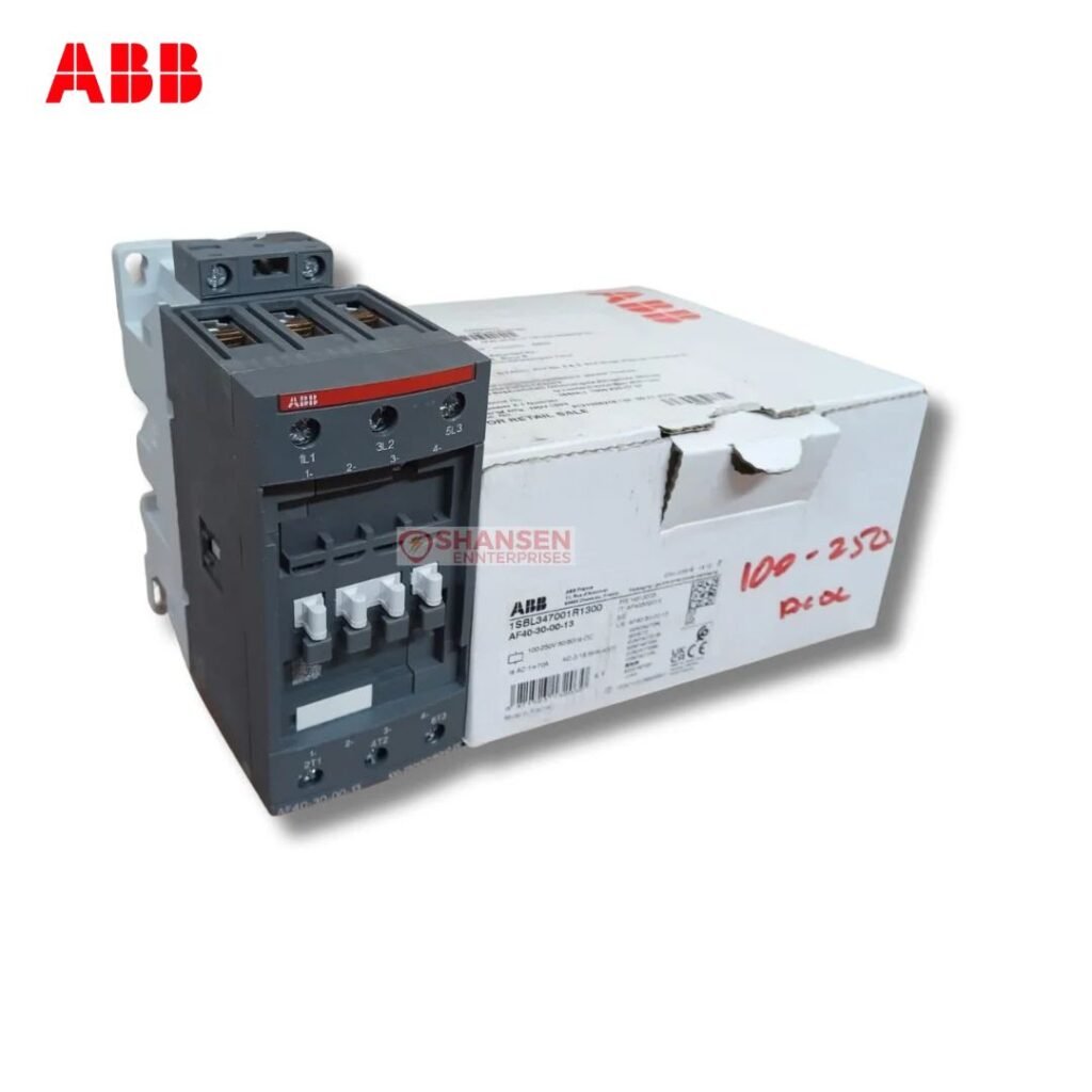 ABB AF40-30-00-13 3-pole contactor with original ABB box, 100–250V AC/DC motor control device distributed by Shansen Enterprises India