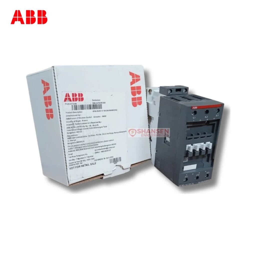 ABB AF40-30-00-13 3-pole contactor with original ABB box — 100–250V AC/DC control, AF technology, shown by Shansen Enterprises (India)