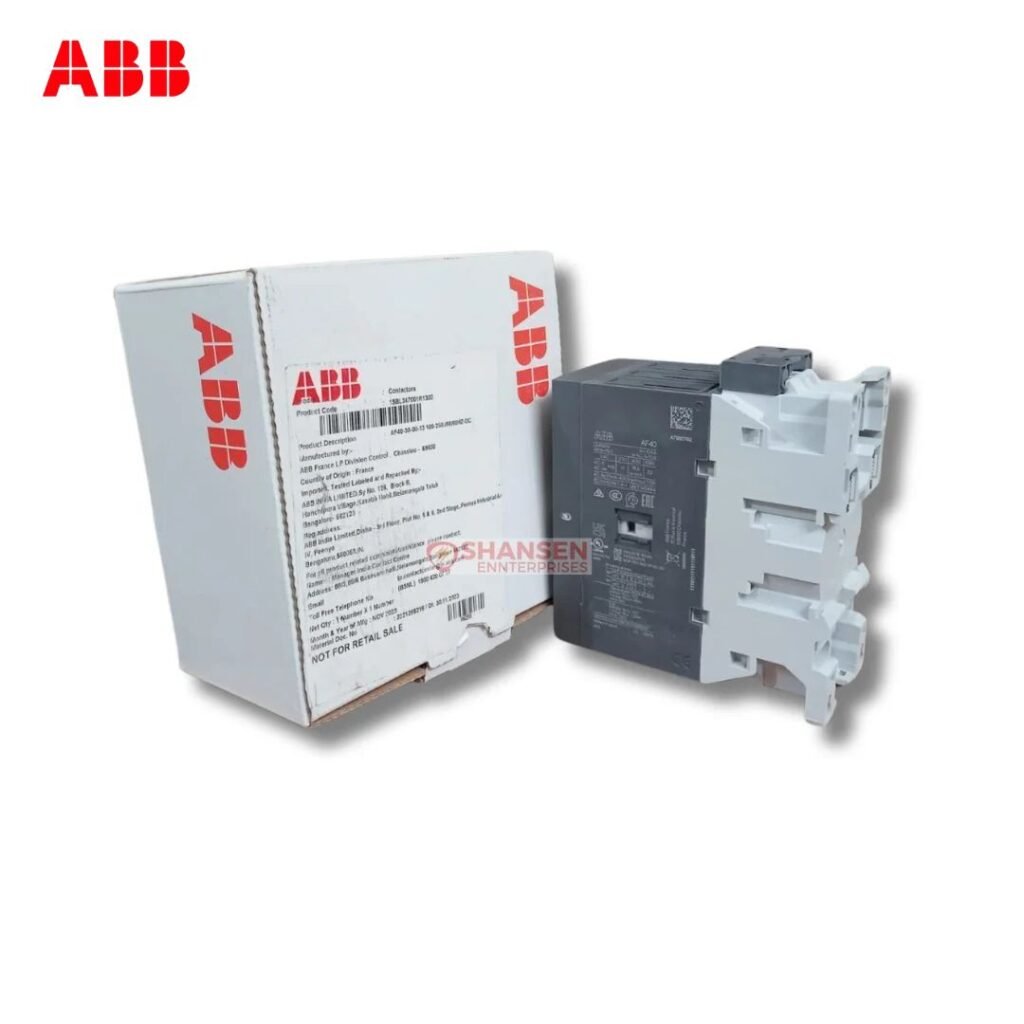 ABB AF40-30-00-13 contactor with original ABB box — 3-pole motor contactor, 100–250V AC/DC control, shown by Shansen Enterprises (India)