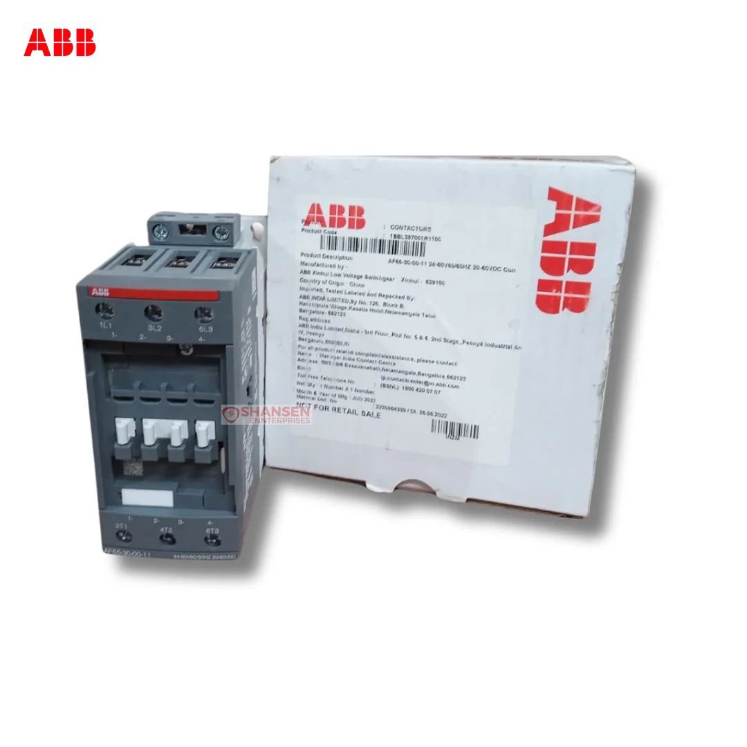 ABB AF65-30-00-11 contactor front view with original box and product label - 3-pole 690V, 24–60V coil (Shansen Enterprises)
