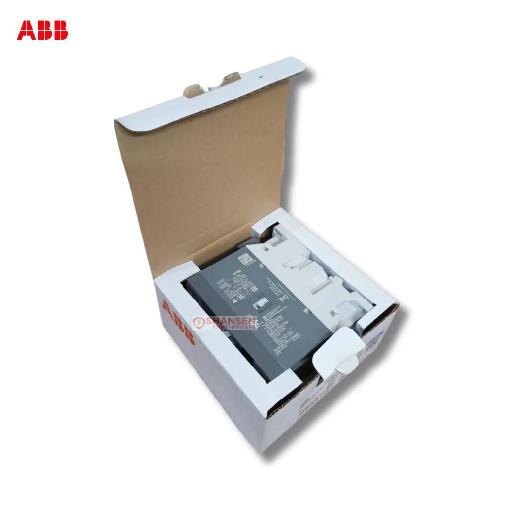 Open box top-angled view of ABB AF65-30-00-11 contactor in original packaging — 3-pole 690V, 24–60V coil (Shansen Enterprises)