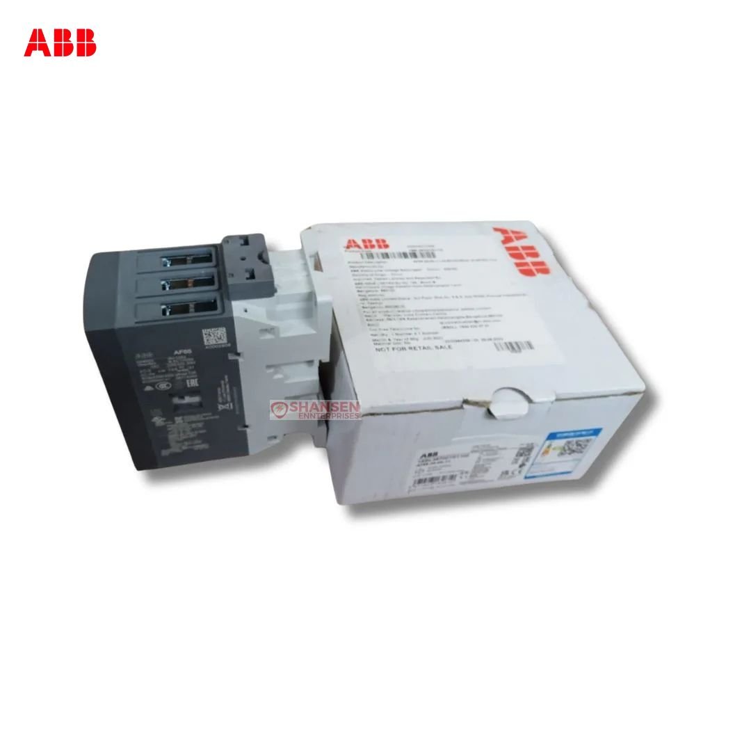 Top-side view of ABB AF65-30-00-11 contactor next to original box - 3-pole 690V, 24–60V coil (Shansen Enterprises)