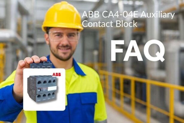 Electrician in high-visibility uniform holding ABB CA4-04E 4-pole auxiliary contact block in an industrial plant โ FAQ page image