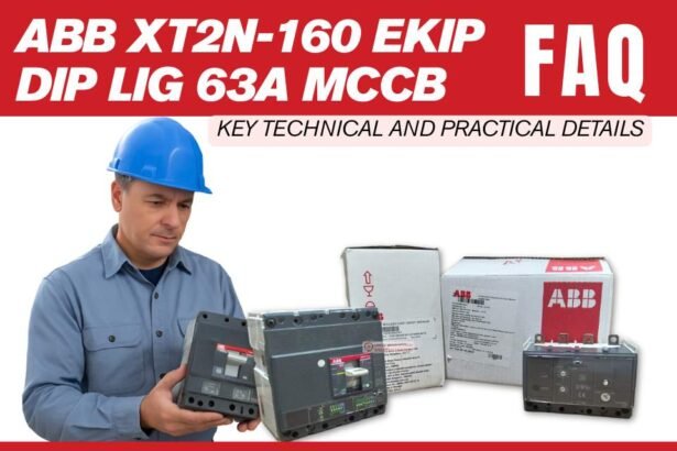 Engineer in blue hard hat inspecting an ABB XT2N-160 Ekip LIG 63A 4-pole MCCB (SACE Tmax) with boxes and accessory unit in the background — FAQ graphic for panel builders and LV switchboard integration
