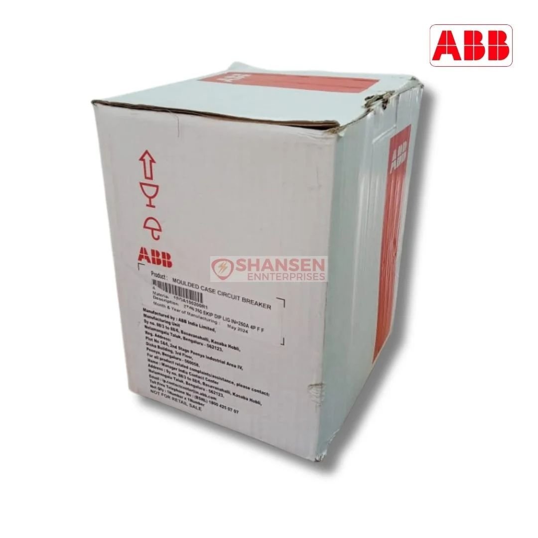Packaging box of ABB XT4N 250 Ekip Dip LS/I moulded case circuit breaker with Shansen Enterprises label