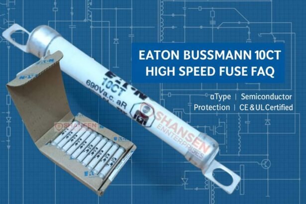 Eaton Bussmann 10CT 10A high speed aR fuse on blueprint background with open box — FAQ banner for Shansen Enterprises