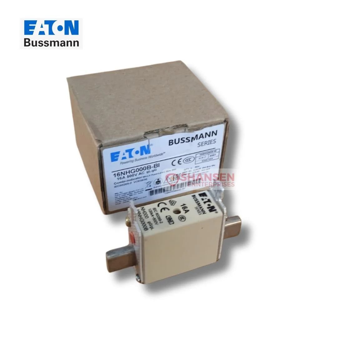 Eaton Bussmann NH fuse 16NHG000B-690 front view — 16A ceramic low-voltage fuse with knife blade contacts and combination indicator