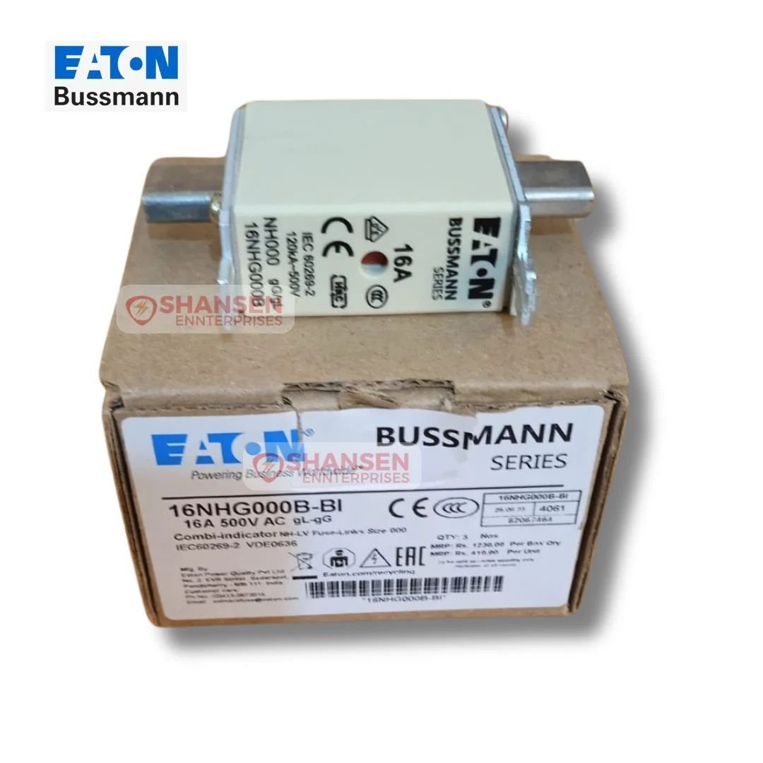 Eaton Bussmann NH fuse 16NHG000B-690 placed on its packaging box — 16A ceramic NH000 fuse with knife blade contacts and combination indicator