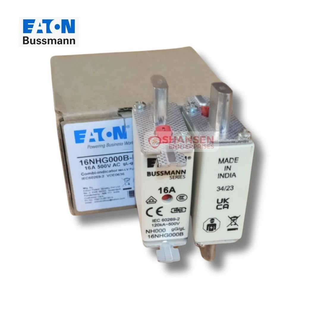 Pair of Eaton Bussmann NH fuses 16NHG000B-690 (16A) on original packaging showing ceramic bodies, knife blade contacts and 'Made in India' label
