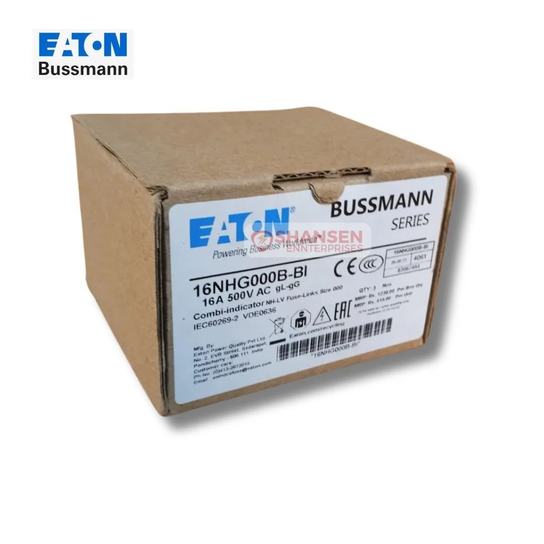 Eaton Bussmann NH Fuse 16NHG000B-BI 16A 500V packaging box with product label by Shansen Enterprises
