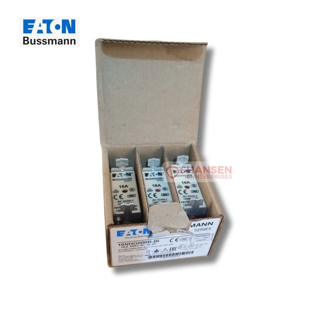 Open box of Eaton Bussmann NH fuses (16NHG000B-BI) showing three 16A fuse units in cardboard packaging — Shansen Enterprises
