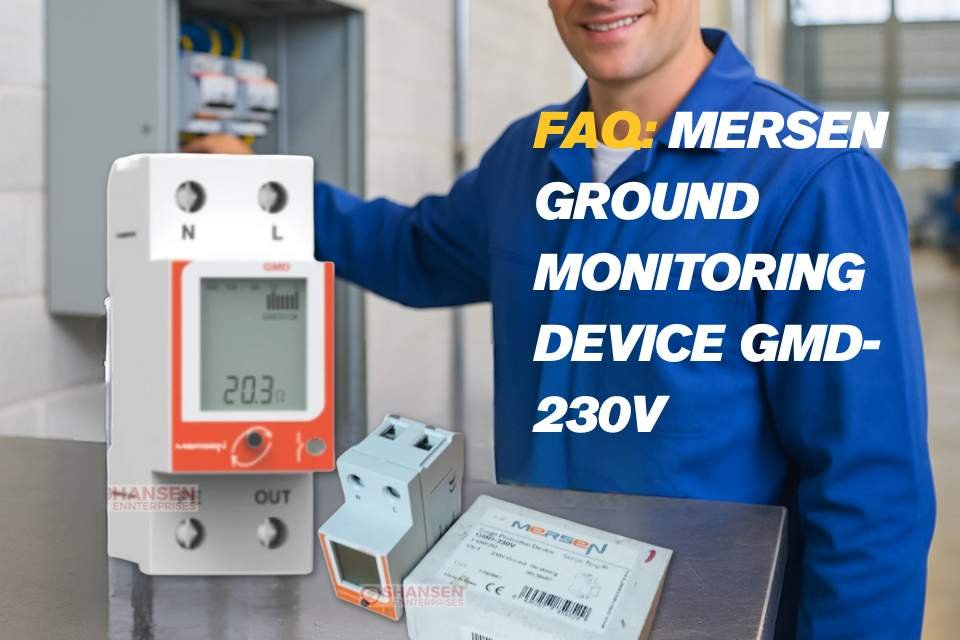 FAQ image – Mersen GMD-230V ground monitoring device and packaging on steel bench with electrician in blue uniform; DIN-rail grounding monitor for continuous earth integrity checks