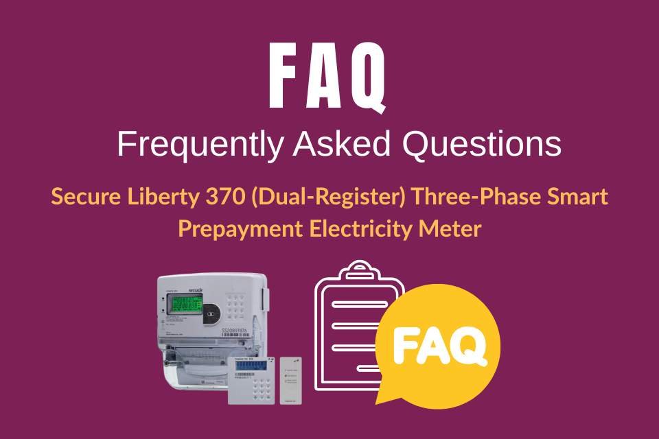FAQ banner for Secure Liberty 370 dual-register three-phase smart prepayment electricity meter with product image and FAQ icon
