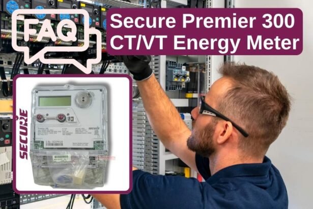 FAQ graphic for Secure Premier 300 CT/VT three-phase energy meter showing an electrician working on a control panel and a product photo of the meter