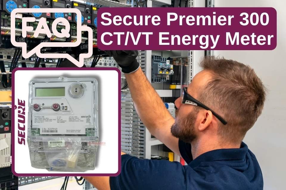 FAQ graphic for Secure Premier 300 CT/VT three-phase energy meter showing an electrician working on a control panel and a product photo of the meter