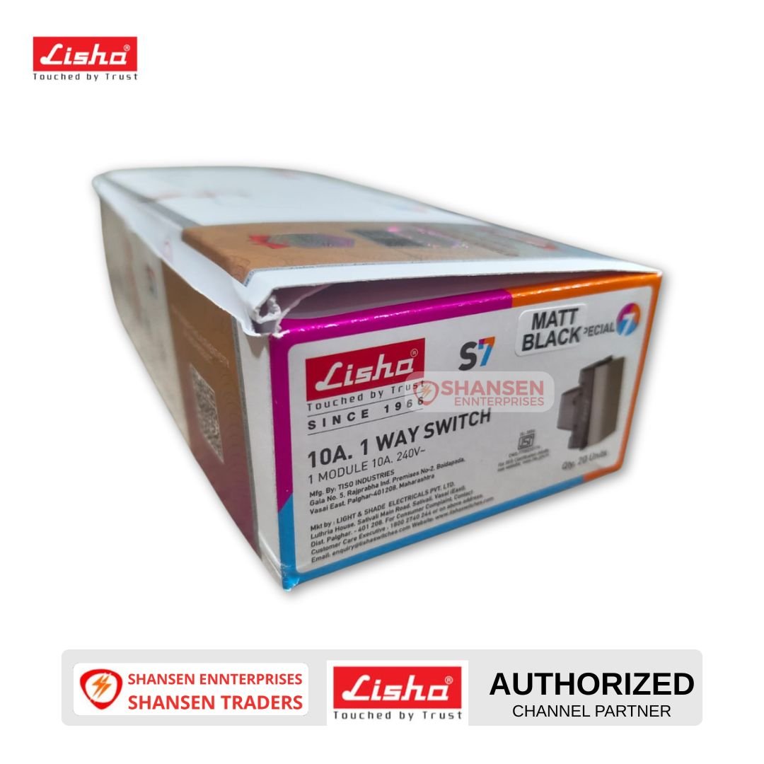 Lisha Matt Black 10A 1-Way Switch retail box close-up with Authorized Channel Partner Shansen Enterprises badge