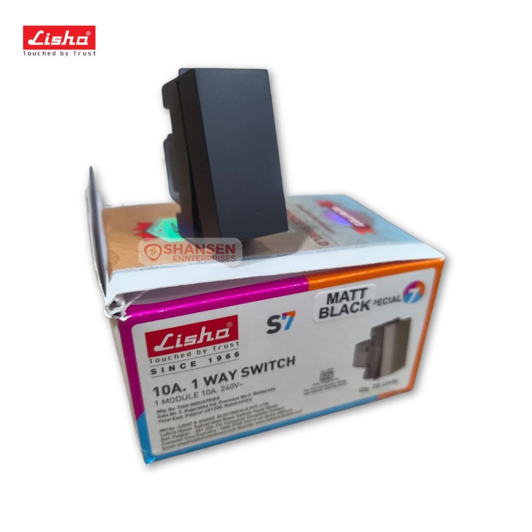 Lisha Matt Black 10A 1-Way Switch (1 Module, 240V) standing on its retail box — matte black finish and product packaging visible
