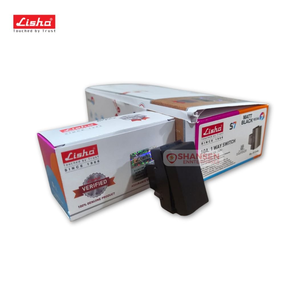 Lisha Matt Black 10A 1-Way Switch (1 Module, 240V) placed in front of its retail boxes showing matt finish and packaging