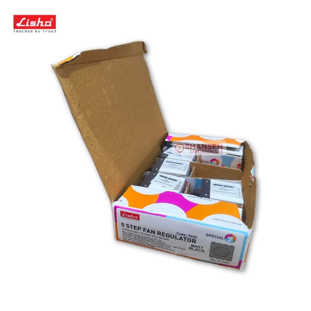 Lisha Matt Black 5 Step Fan Regulator Box Packaging – 2 Module 240V Full Rotary Type from Lisha Special 7 Range by Shansen Enterprises