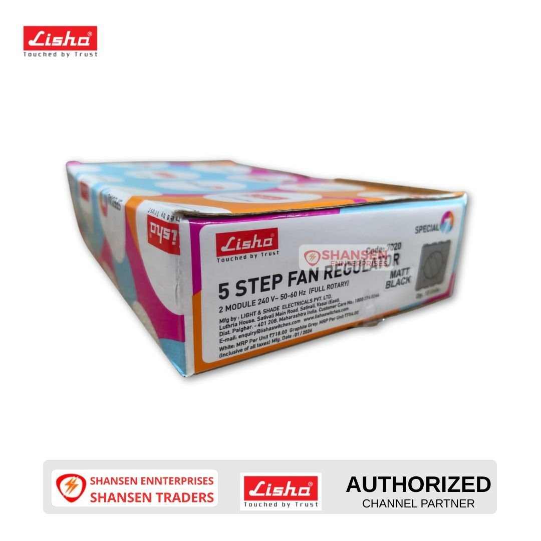 Lisha Matt Black 5 Step Fan Regulator Packaging Box – 2 Module 240V Full Rotary Type from Lisha Special 7 Range by Shansen Enterprises Authorized Channel Partner