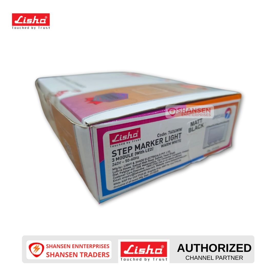 Lisha Matt Black 3-Module LED Step Maker Light on retail box — matt black faceplate, three LEDs, Made in India