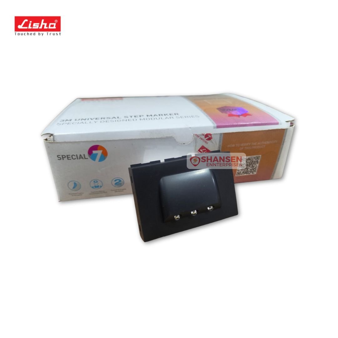 Lisha matt black 3-module LED step maker light placed in front of its retail box, showing three LEDs and FR polycarbonate body — 240V, Made in India
