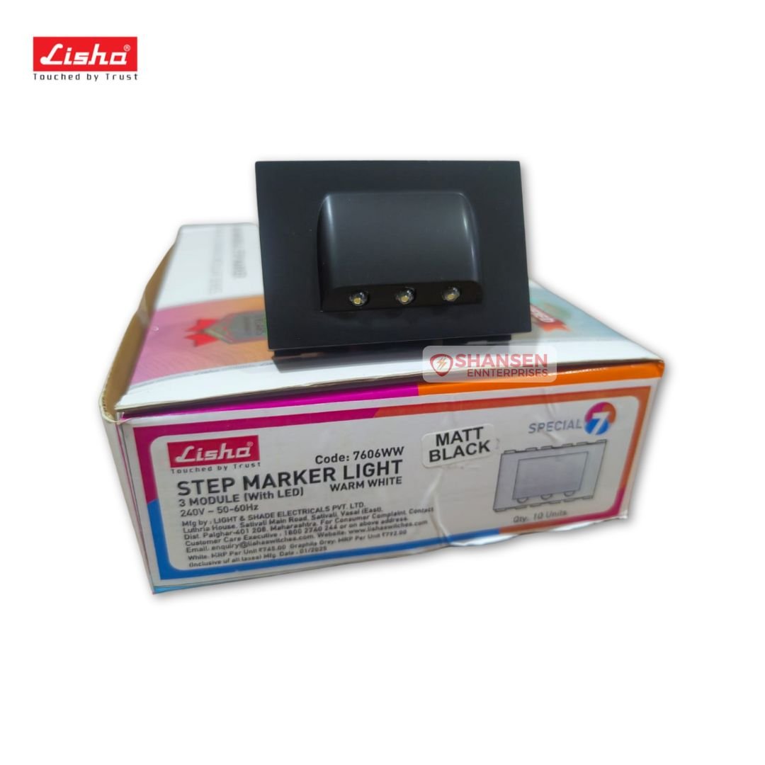 Lisha matt black 3-module LED step marker light placed on its retail box, showing three integrated LEDs, matte finish and FR polycarbonate body — 240V, Made in India